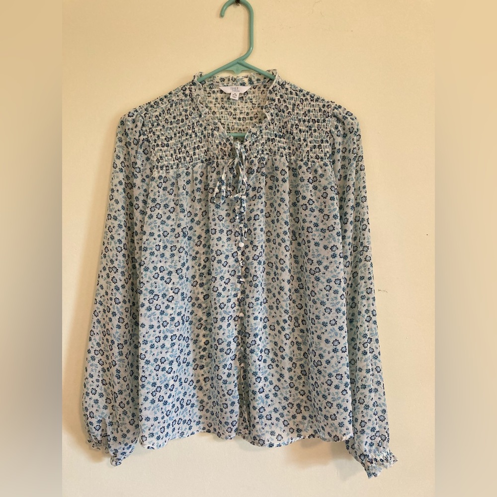 Time and Tru Dainty Blue Floral Long-Sleeve Blouse